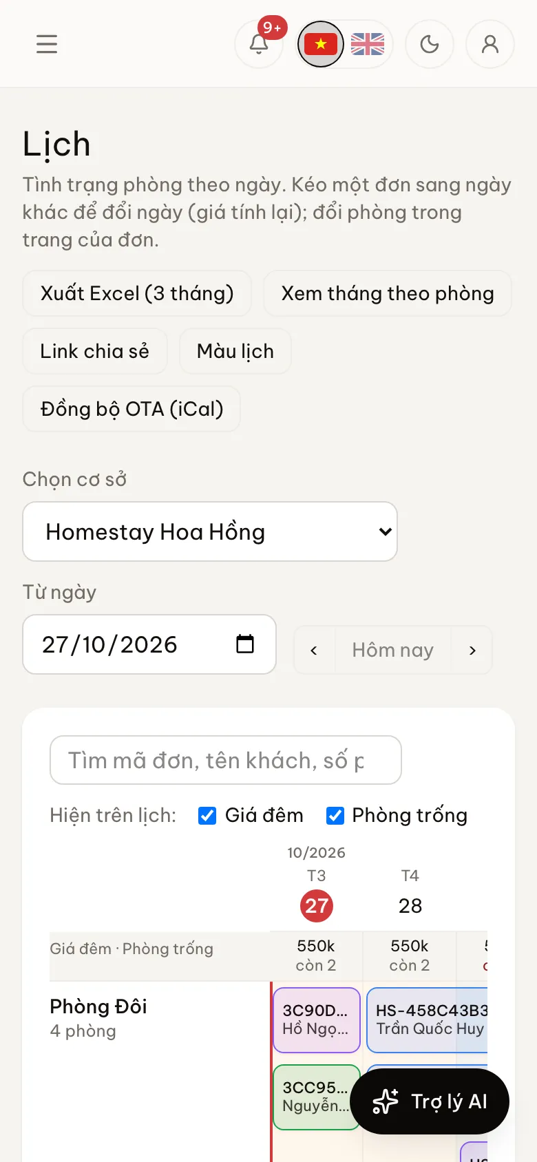 Trang quản lý HostBooking trên điện thoại