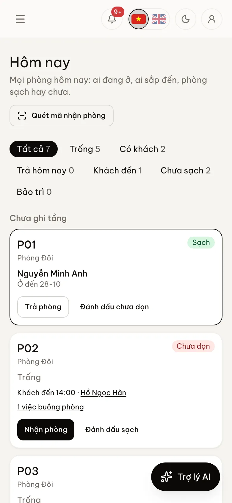 Trang quản lý HostBooking trên điện thoại